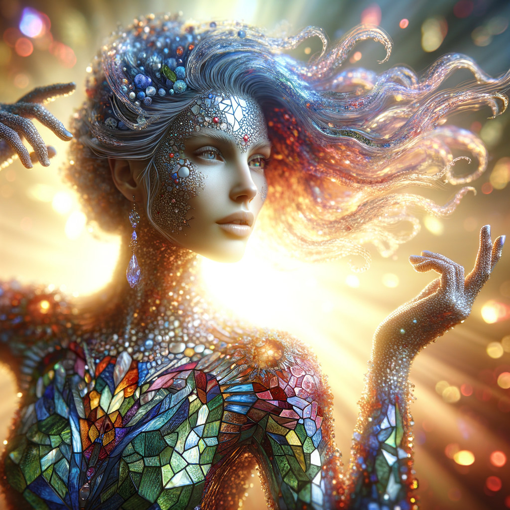 Vibrant figure with mosaic patterns and radiant glow