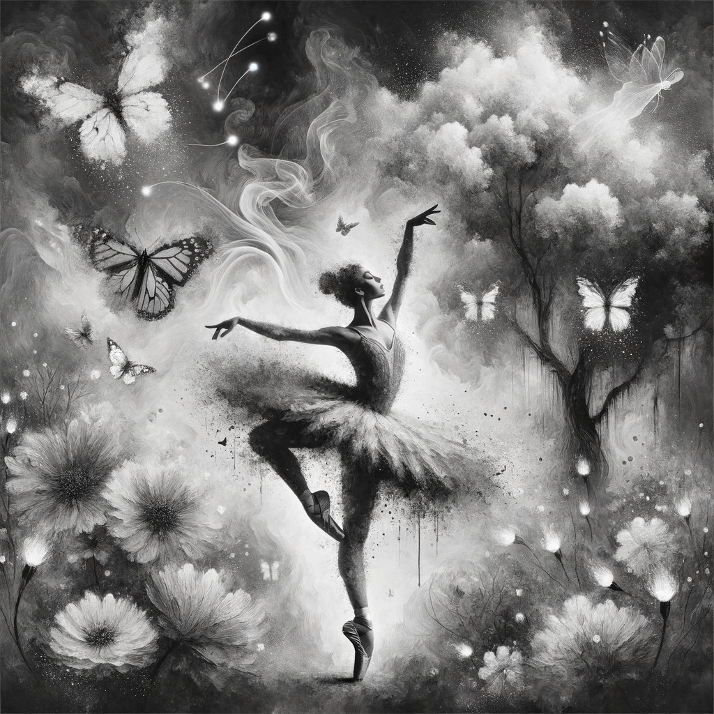 Ballerina in a Dreamy Black-and-White Landscape