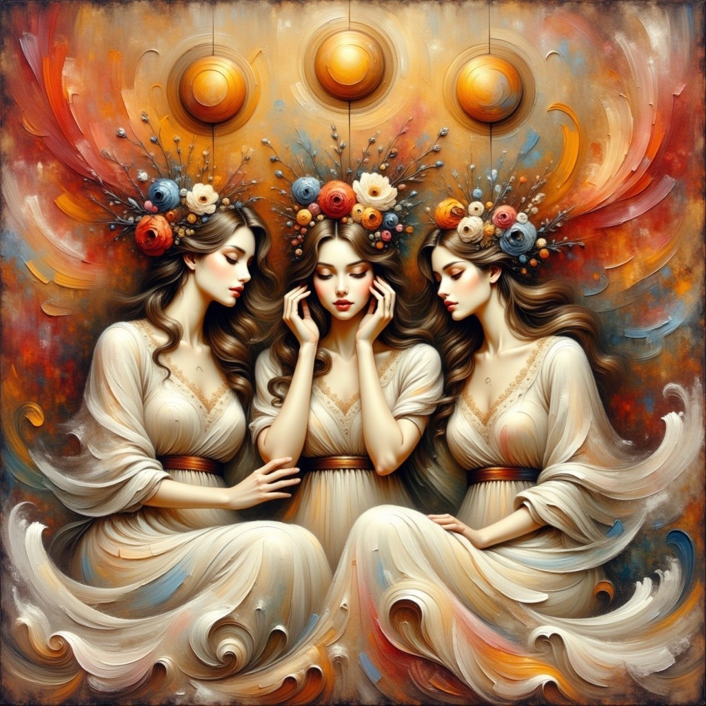 Three Ethereal Women with Floral Headpieces in Dreamlike Scene