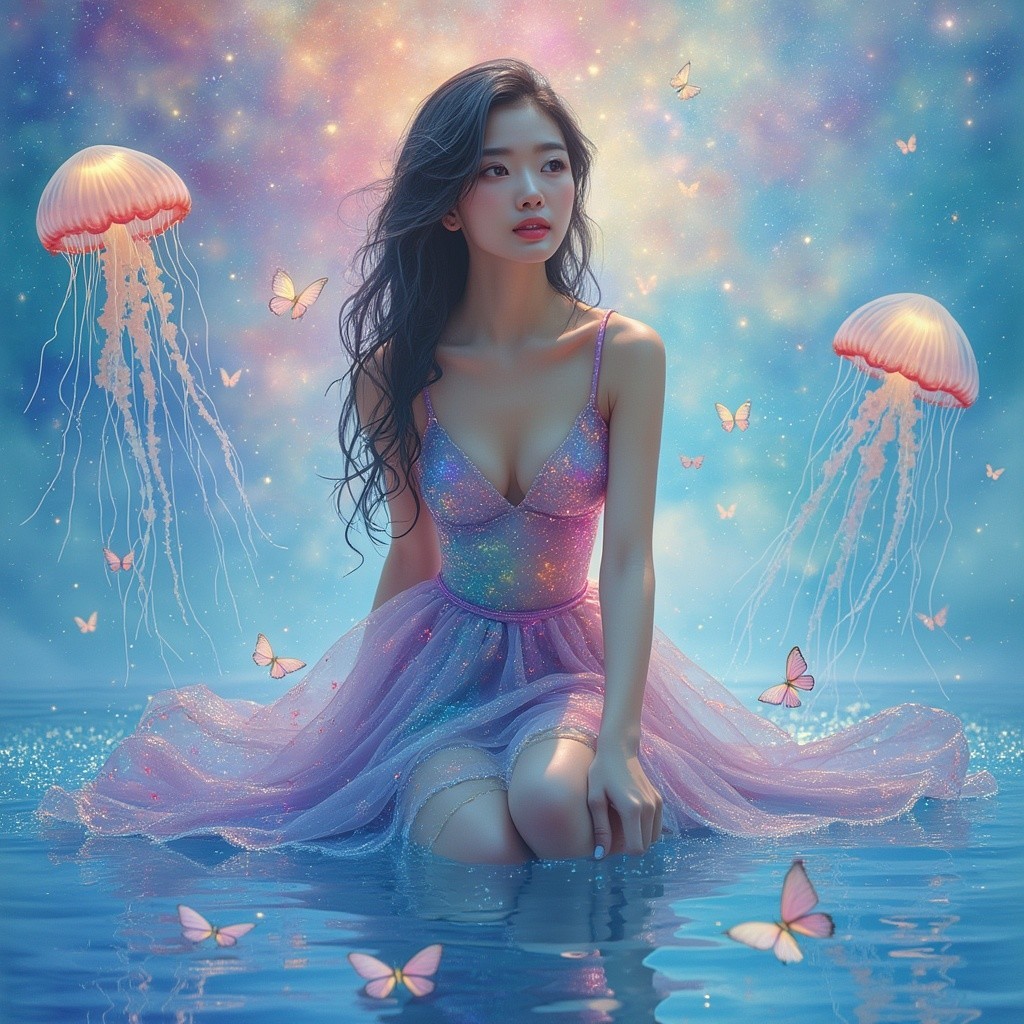 Young woman in serene waters with jellyfish and butterflies