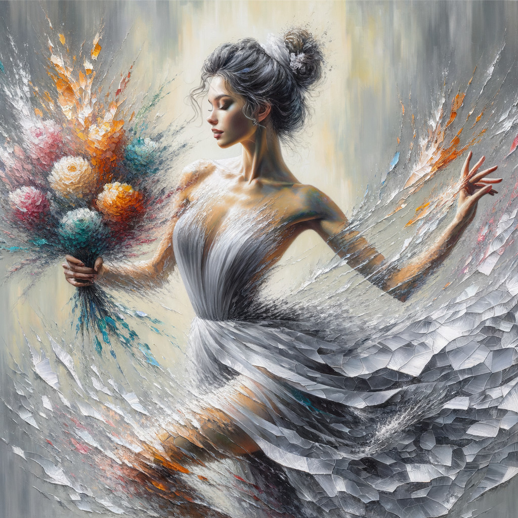 Ethereal Figure with Bouquet Amidst Abstract Backdrop