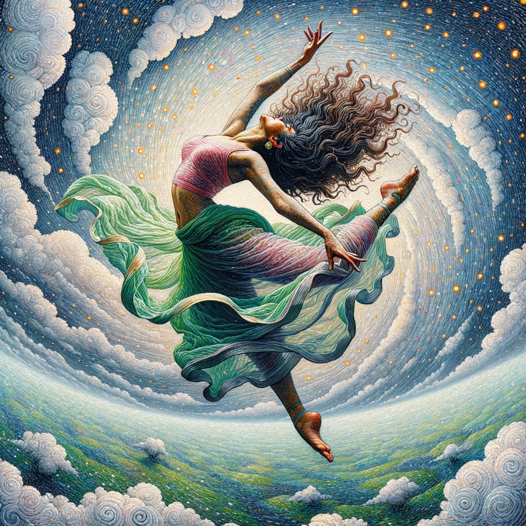 Dancer in Flowing Dress Amidst Swirling Sky and Stars