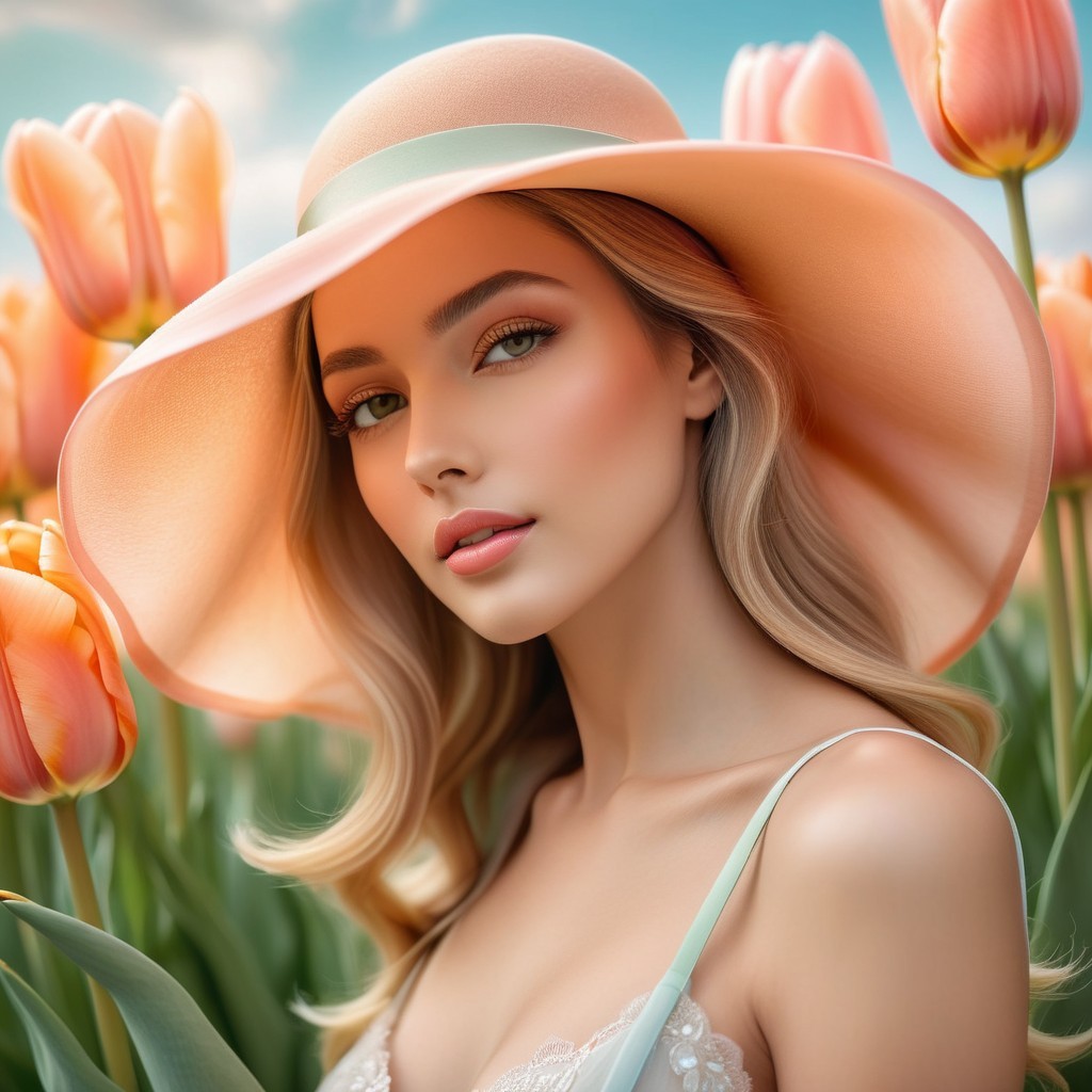 Young woman in peach hat among orange tulips