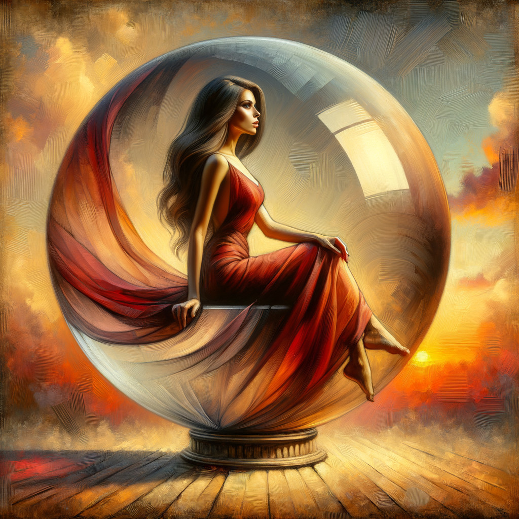 Digital Painting of Woman in Glass Orb at Sunset