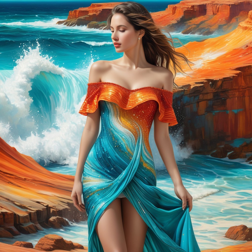 Elegant Woman in Vibrant Dress by Rocky Coastline