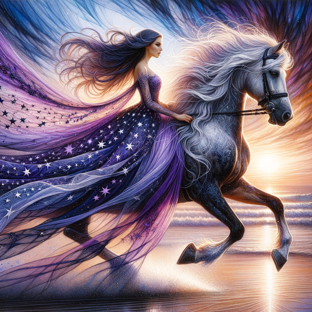Woman in Starry Gown on Horse at Sunset Beach