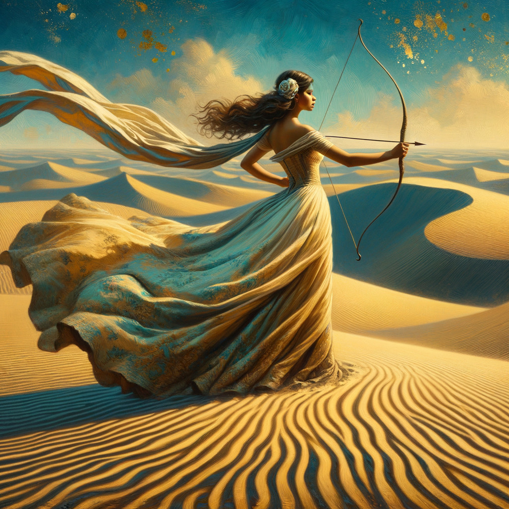 Majestic Figure in Elegant Gown in Desert Landscape