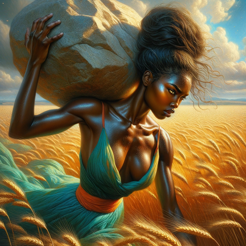 Ethereal Figure with Rock in Wheat Field Landscape