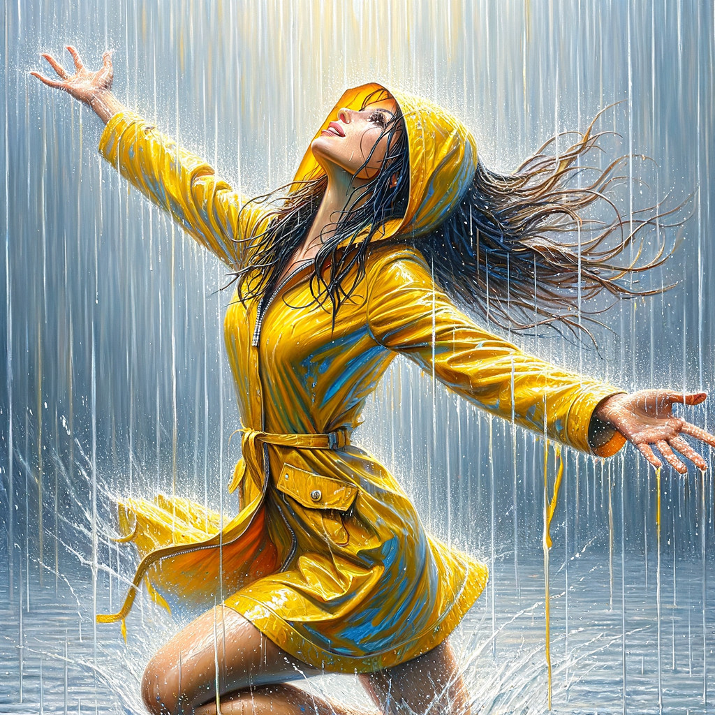Woman in yellow raincoat enjoying heavy rain downpour