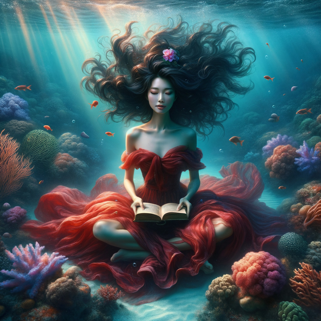 Underwater Scene with Woman in Red Gown and Corals
