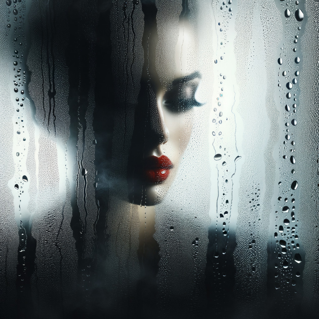 Mysterious Figure Behind Fogged Glass with Water Droplets