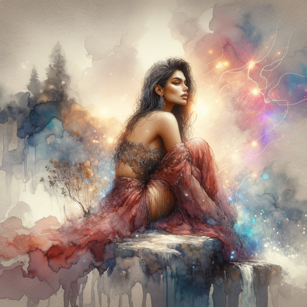 Mystical Figure on Rocky Ledge in Ethereal Landscape