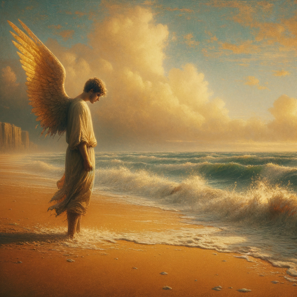 Serene Angel at Water's Edge with Golden Wings