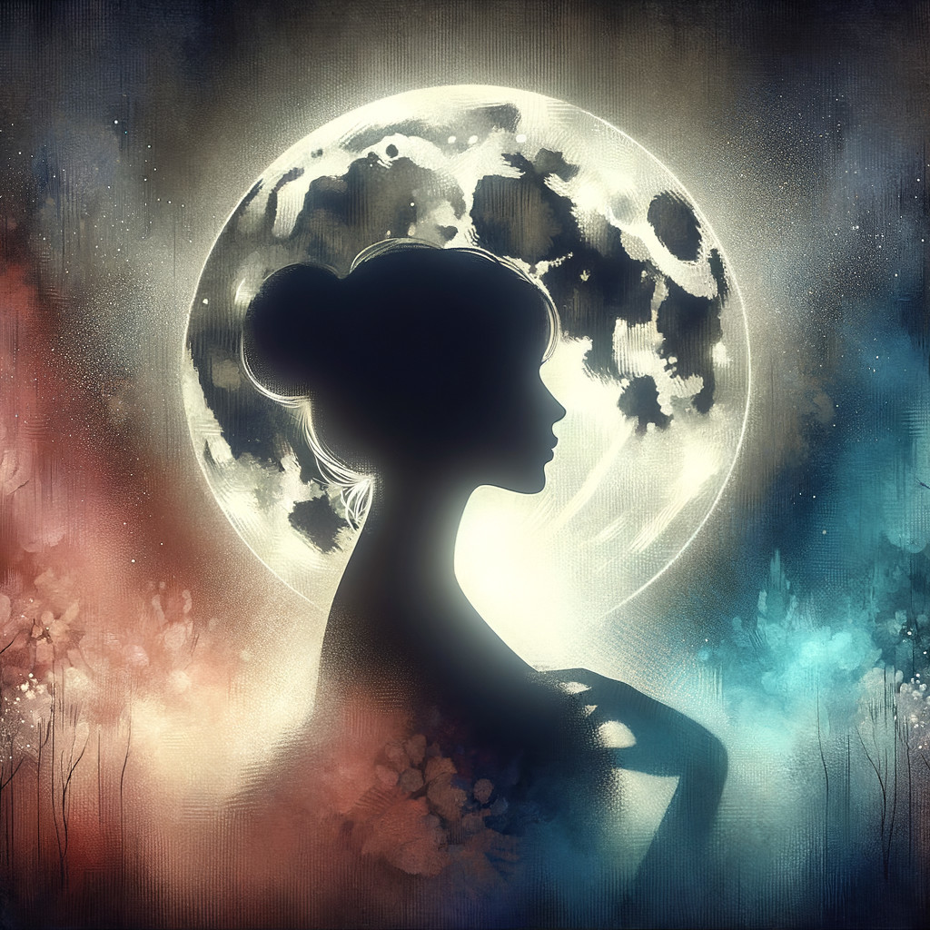 Silhouette of Woman Against Luminous Moon and Colors