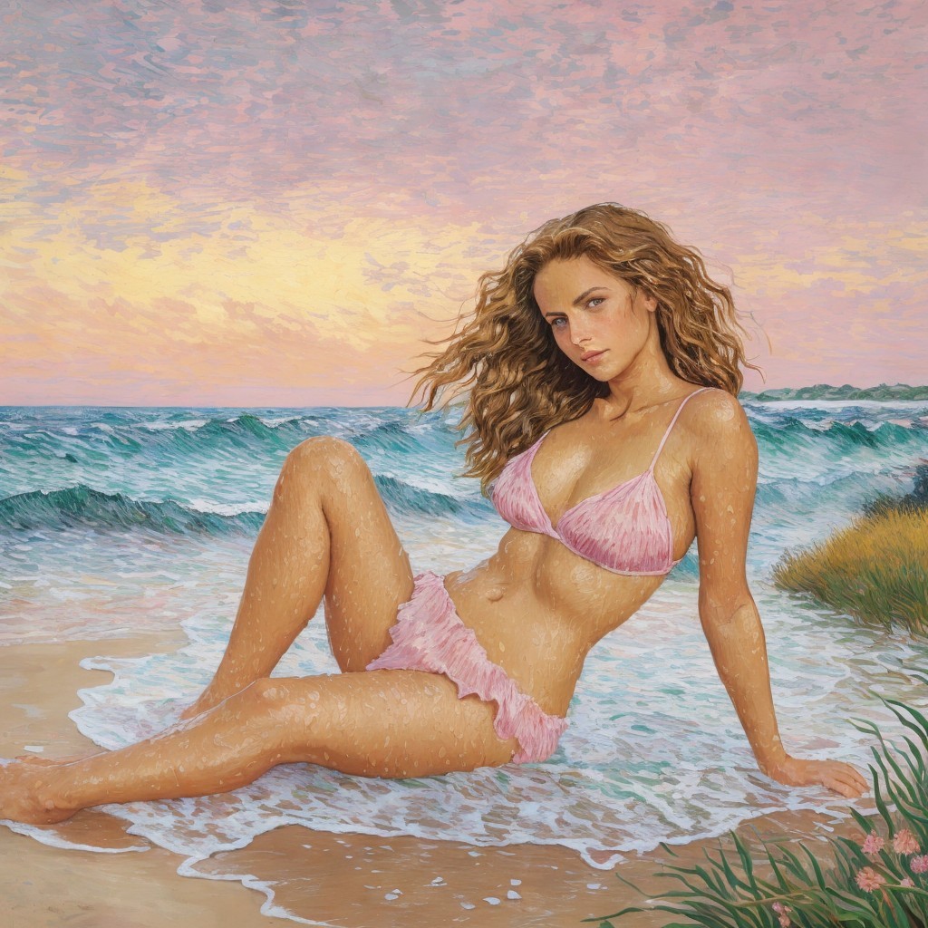 Vibrant Beach Sunset Scene with Woman in Pink Bikini