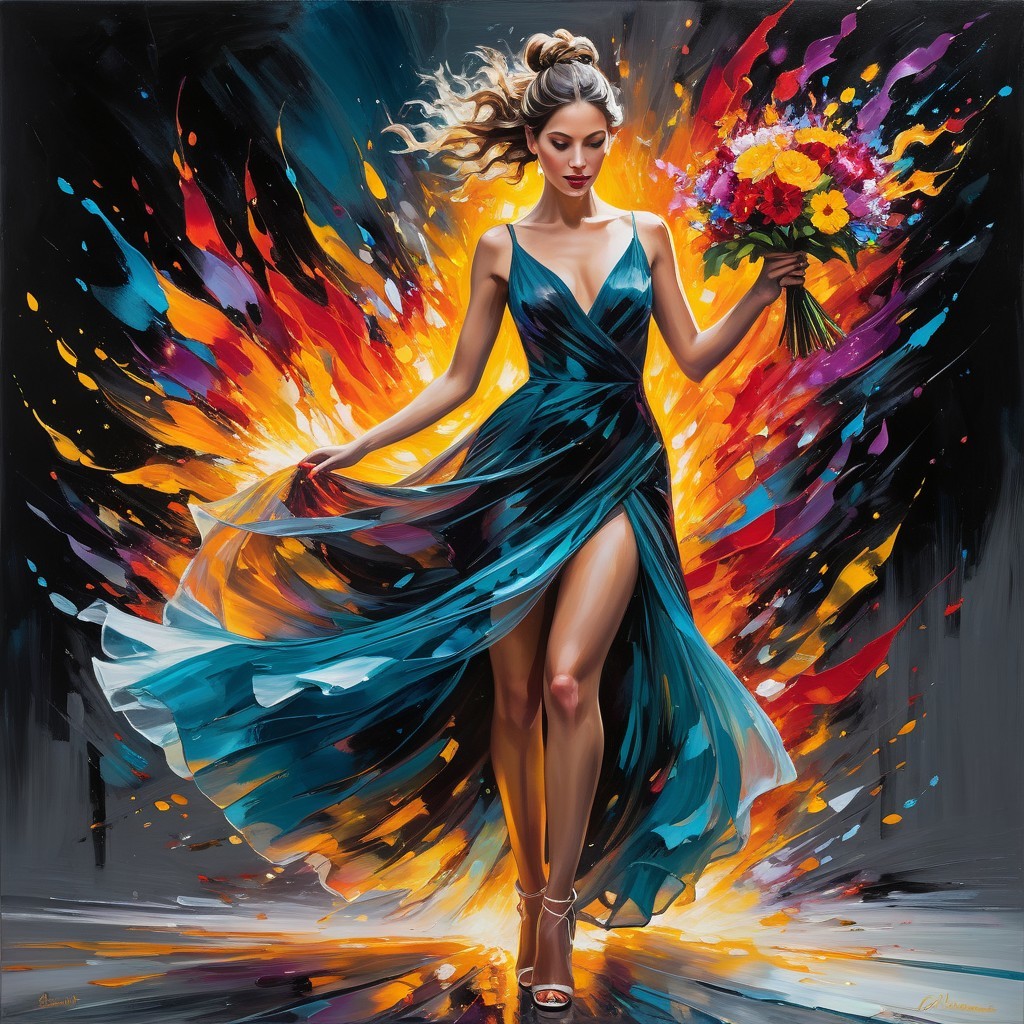 Woman in Teal Gown Against Vibrant Colorful Backdrop