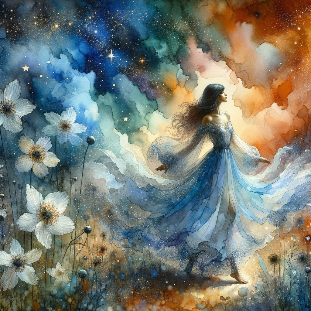 Celestial Scene with Woman in Flowing Blue Garments