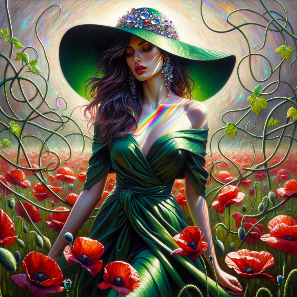 Woman in Green Dress Among Red Poppies and Vines