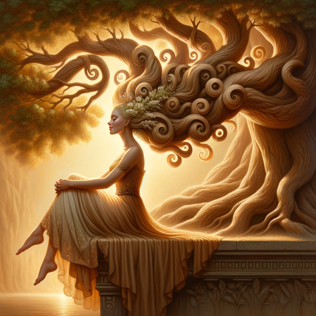 Serene Woman in Elegant Gown Surrounded by Nature