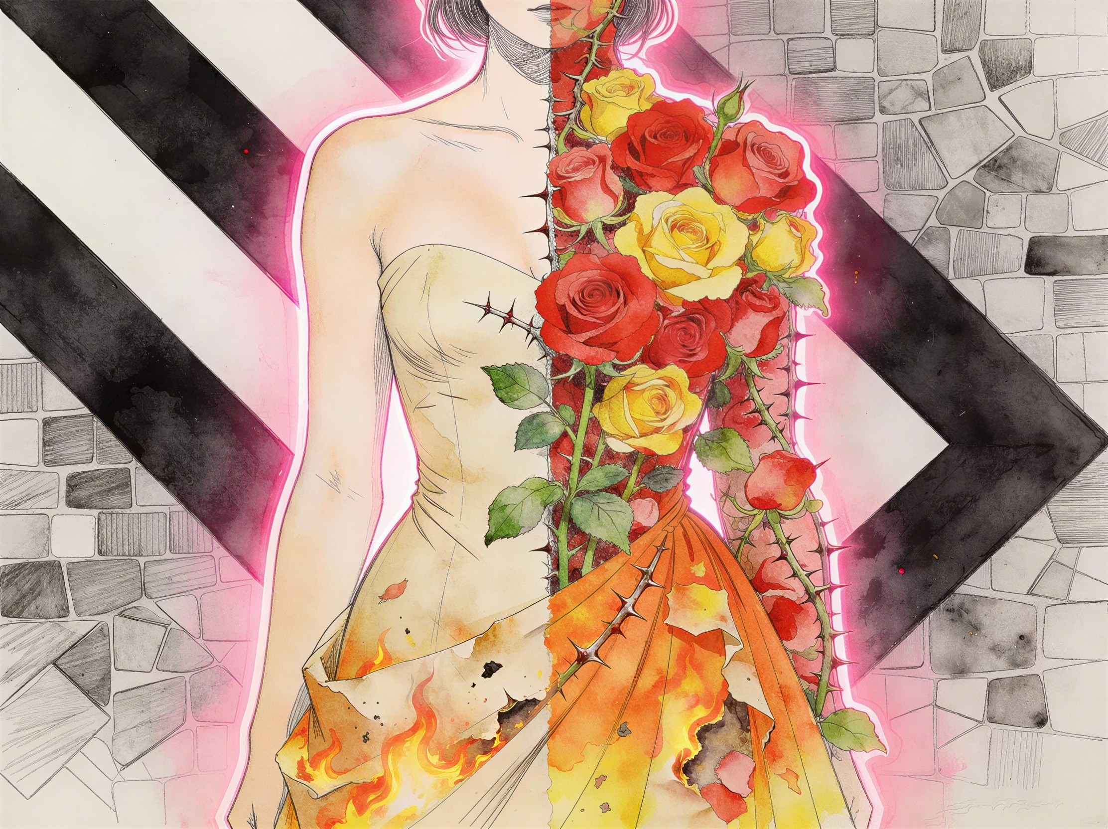 Watercolor Painting of a Woman in Contrasting Styles