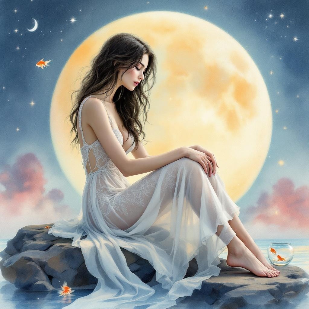 Young Woman in White Gown by Moonlit Water
