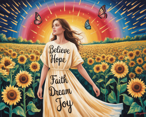Woman in Dress Among Sunflowers at Sunset