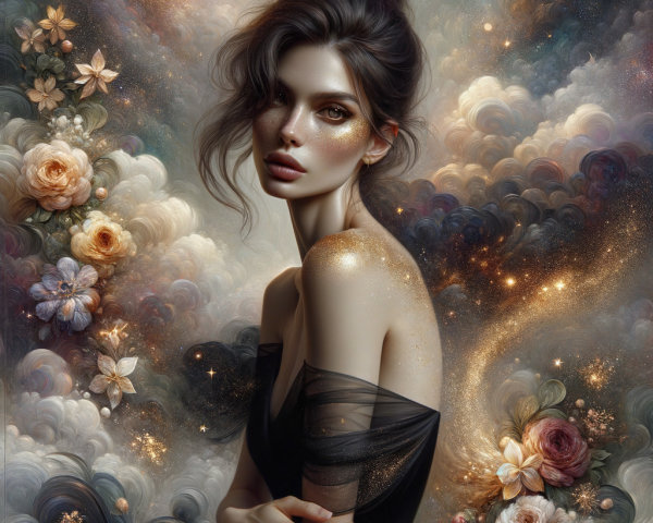 Portrait of a woman with flowing hair in a dreamy setting
