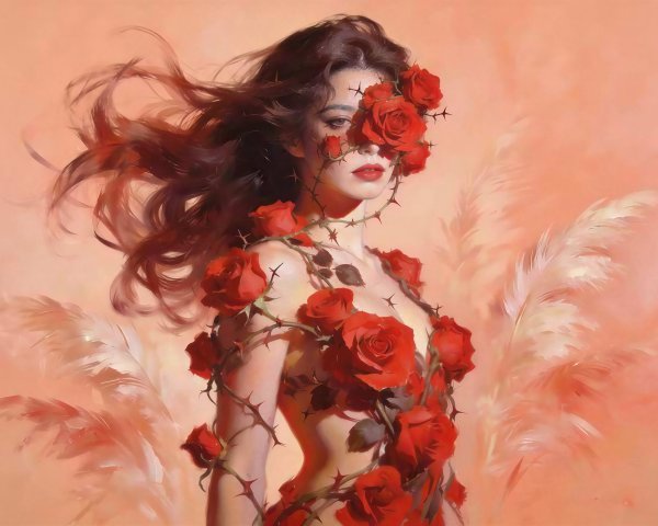 Frontal portrait of a woman with roses and vines