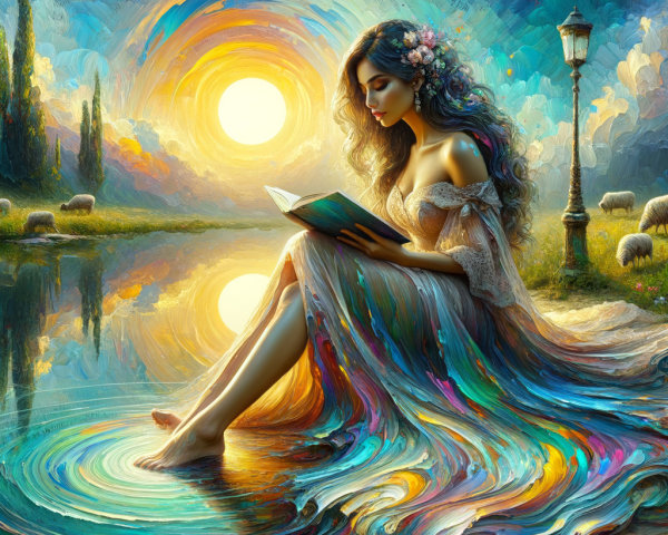 Young Woman Reading by a Tranquil Lake at Sunset