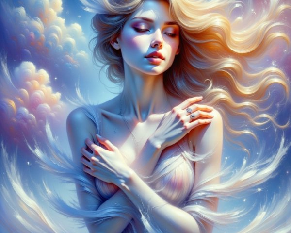 Serene Woman with Blonde Hair Against Dreamy Sky