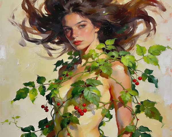 Impressionistic Oil Painting of a Nude Woman with Vines