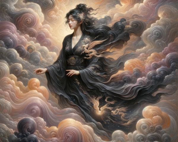 Mystical Figure in Black Robe Amidst Pastel Clouds