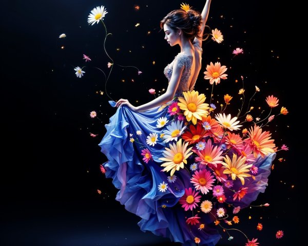 Elegant Woman in Flowing Blue Gown Surrounded by Flowers