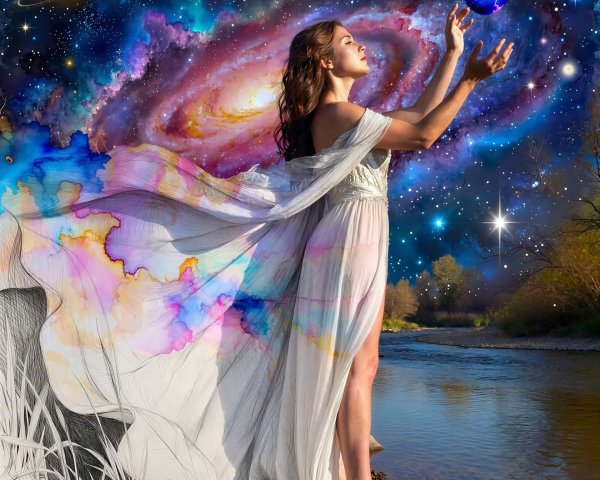 Vibrant Fantasy Painting of a Young Woman by River