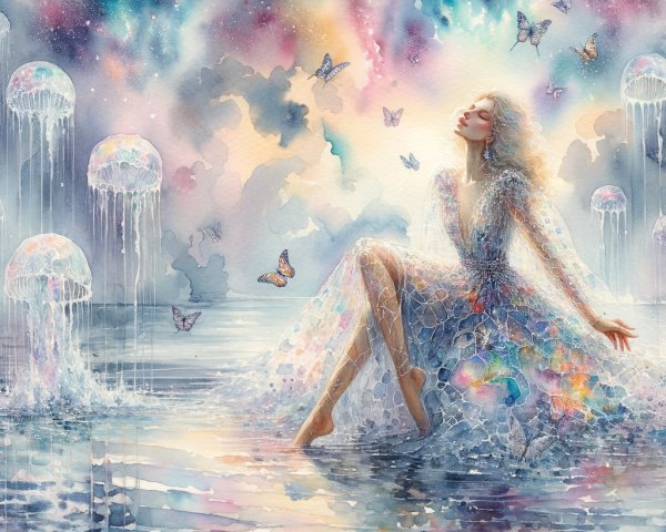 Watercolor Scene of Serene Figure with Jellyfish and Butterflies
