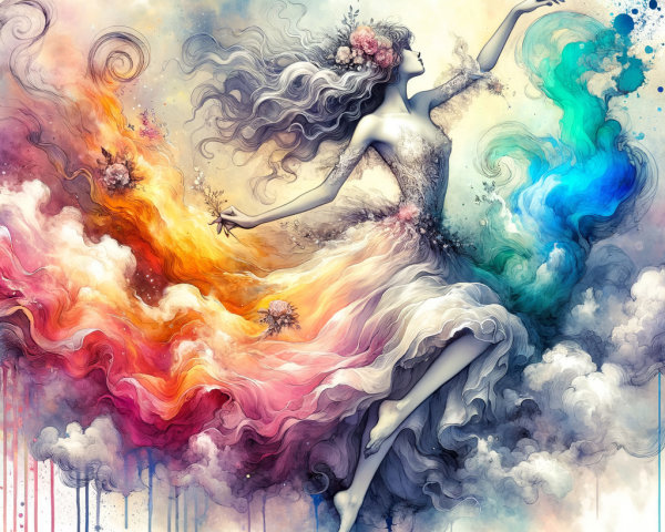 Fantastical Figure in Colorful Abstract Landscape