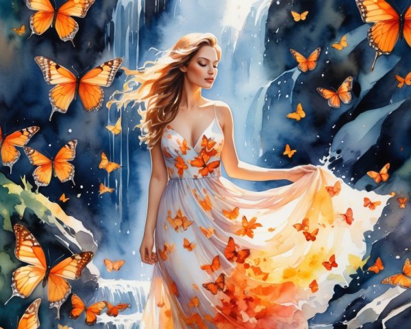Woman in White Dress with Butterflies by Waterfall