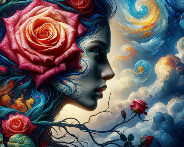 Surreal Portrait of Woman with Roses and Cosmic Colors