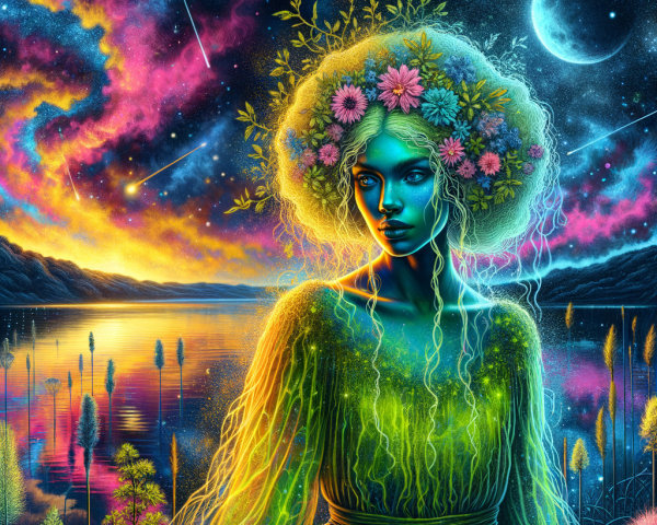 Ethereal Figure in Cosmic Landscape by Tranquil Lake