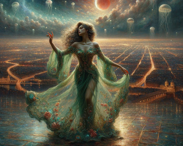 Mystical figure in floral gown in ethereal landscape