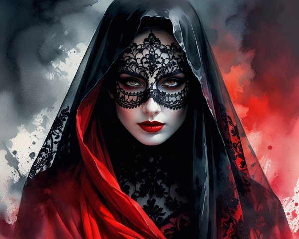 Mysterious Woman in Red and Black Attire with Mask