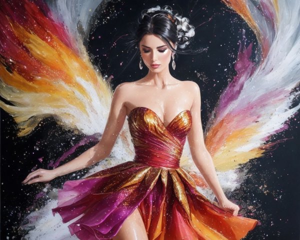 Elegant Woman in Multi-Hued Flame-Inspired Dress