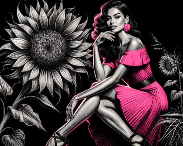 Stylish Woman in Pink Dress with Sunflower Backdrop