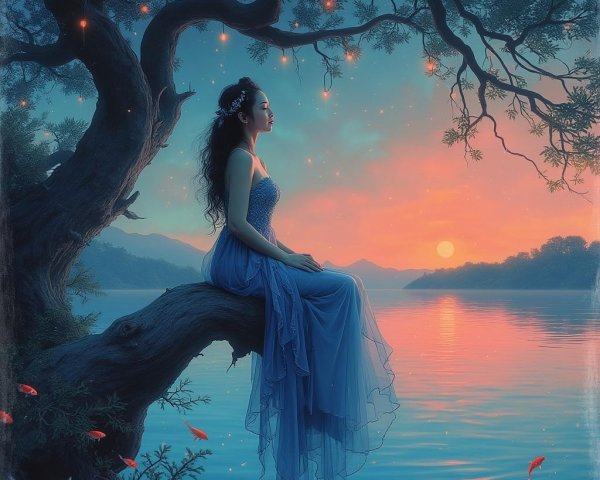 Young Woman in Blue Gown by Tranquil Lake at Sunset