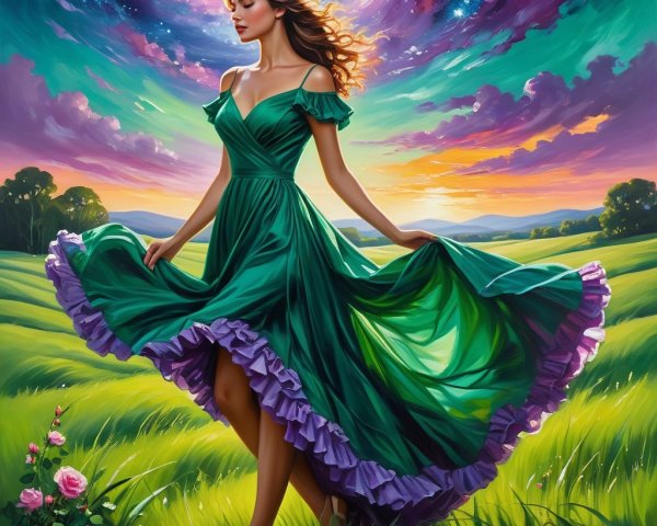 Woman in Green Dress Twirling in Colorful Meadow
