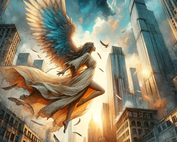 Majestic angel with blue wings over a cityscape