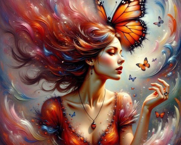 Ethereal Woman Surrounded by Colorful Butterflies