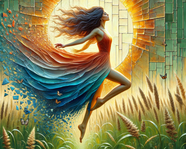 Joyful Woman Leaping Against Radiant Sun and Nature