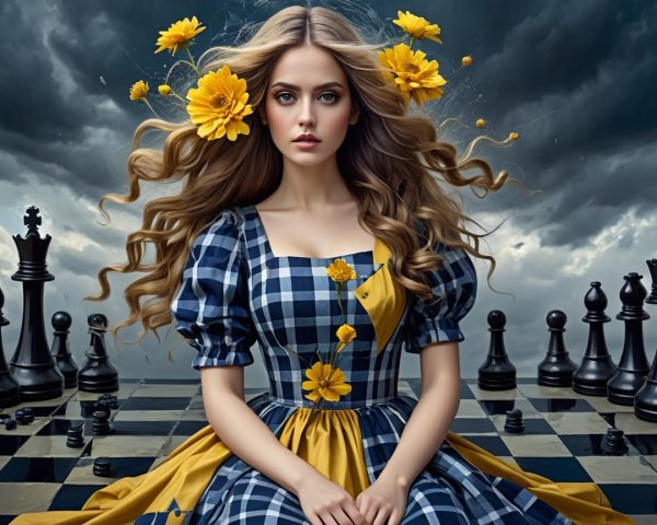 Young Woman in Floral Dress at Chessboard with Clouds