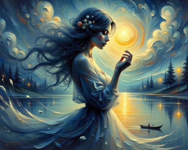 Serene figure by tranquil lake under glowing moon